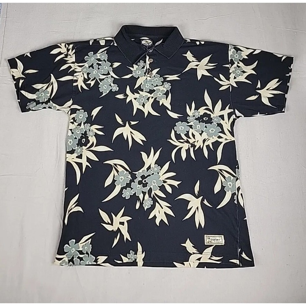 Tommy Bahama Polo Shirt Mens Medium Navy Blue Floral Tropical Cotton Aloha Short